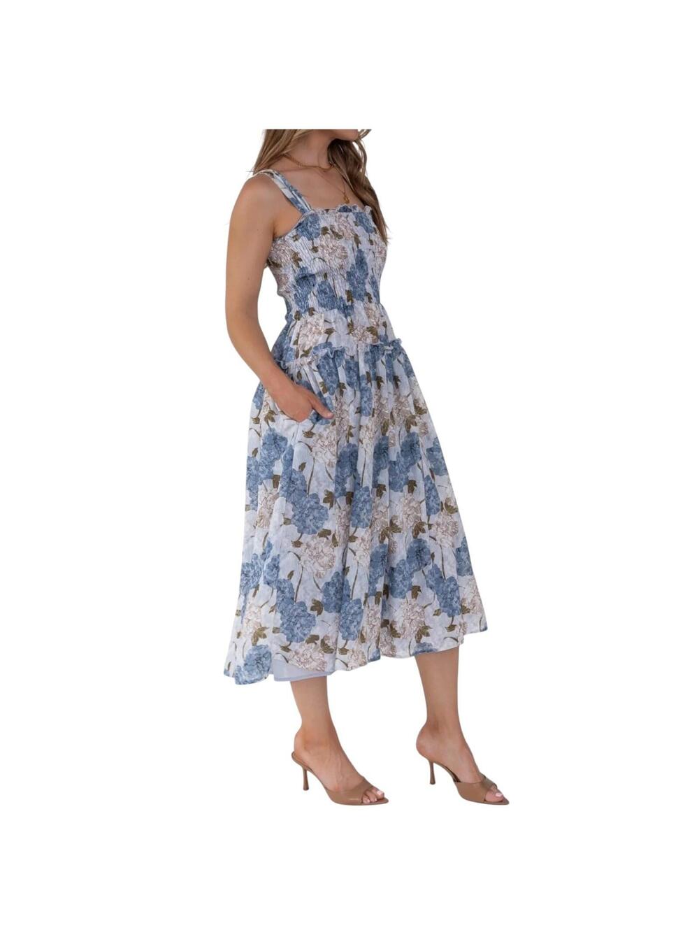 Aureum Floral Midi Dress | Smocked Bodice Size M - Picture 8 of 9